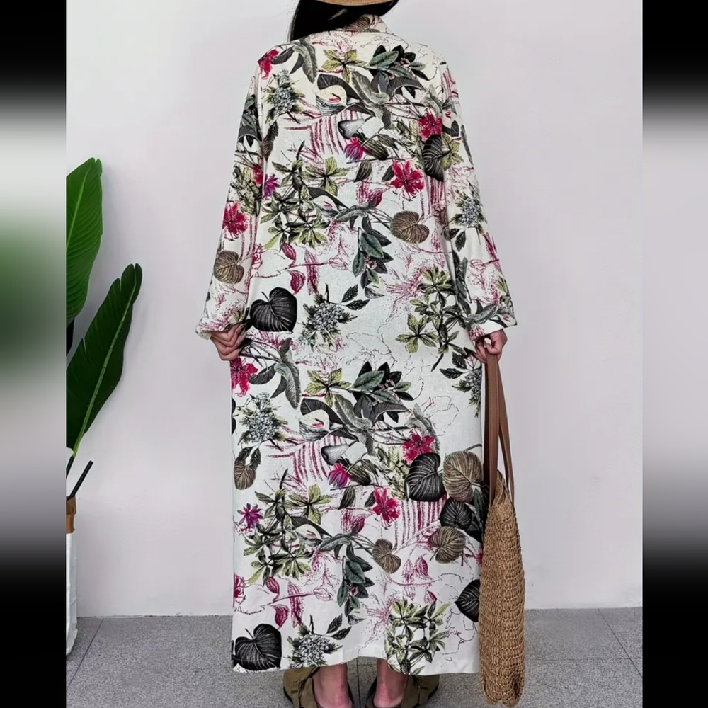 Floral Print Linen/Viscose Maxi Dress With Long Roll Up Sleeves - Picture 2 of 9